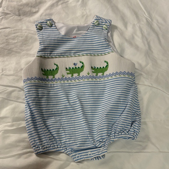 Shrimp & Grits Kids Other - Shrimp & Grits Kids Striped Blue and Green Alligator Kids One Piece